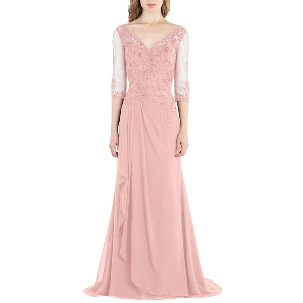 MACloth V Neck 3/4 Sleeve Lace Long Wedding Mother Bride Gown Bridesmaid Dresses