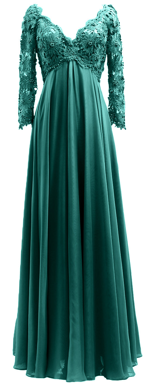 MACloth Damen Abendkleid für die Brautmutter, V-Ausschnitt, Spitze, lange Ärmel
