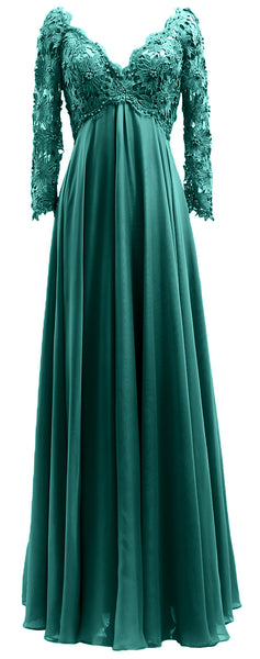 MACloth Women Mother of Bride Dresses V Neck Lace Long Sleeves Evening Gown
