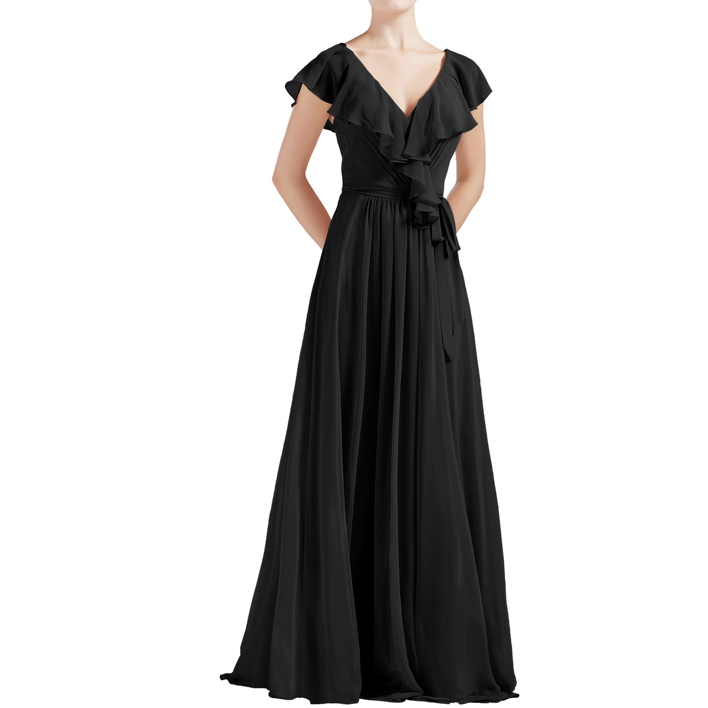 MACloth Women V Neck Ruffle Cap Sleeves Long Bridesmaid Dresses