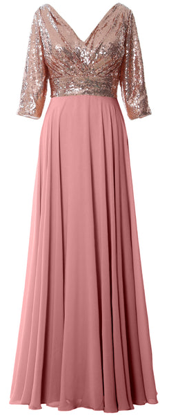 MACloth Women Long Sleeve V Neck Long Sequin Mother of Bride Dresses Maxi Gown