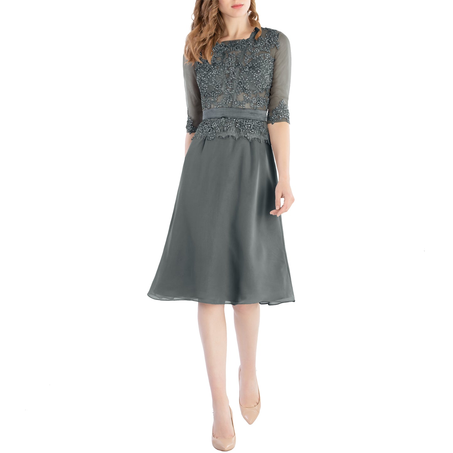 MACloth Damen-Kleid mit Rundhalsausschnitt, Perlenspitze, kurze Halbärmel, für die Brautmutter, Hochzeit, Brautparty