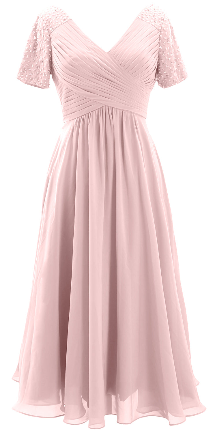 MACloth Women Midi Mother Bride Dresses Short Sleeves Wedding Guest Tea Length Pearl Pink / Above Knee / Custom Size MACloth Women Midi Mother Bride Dresses Short Sleeves Wedding Guest Tea Length Pearl Pink / Above Knee / Custom Size