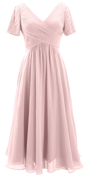 MACloth Women Midi Mother Bride Dresses Short Sleeves Wedding Guest Tea Length