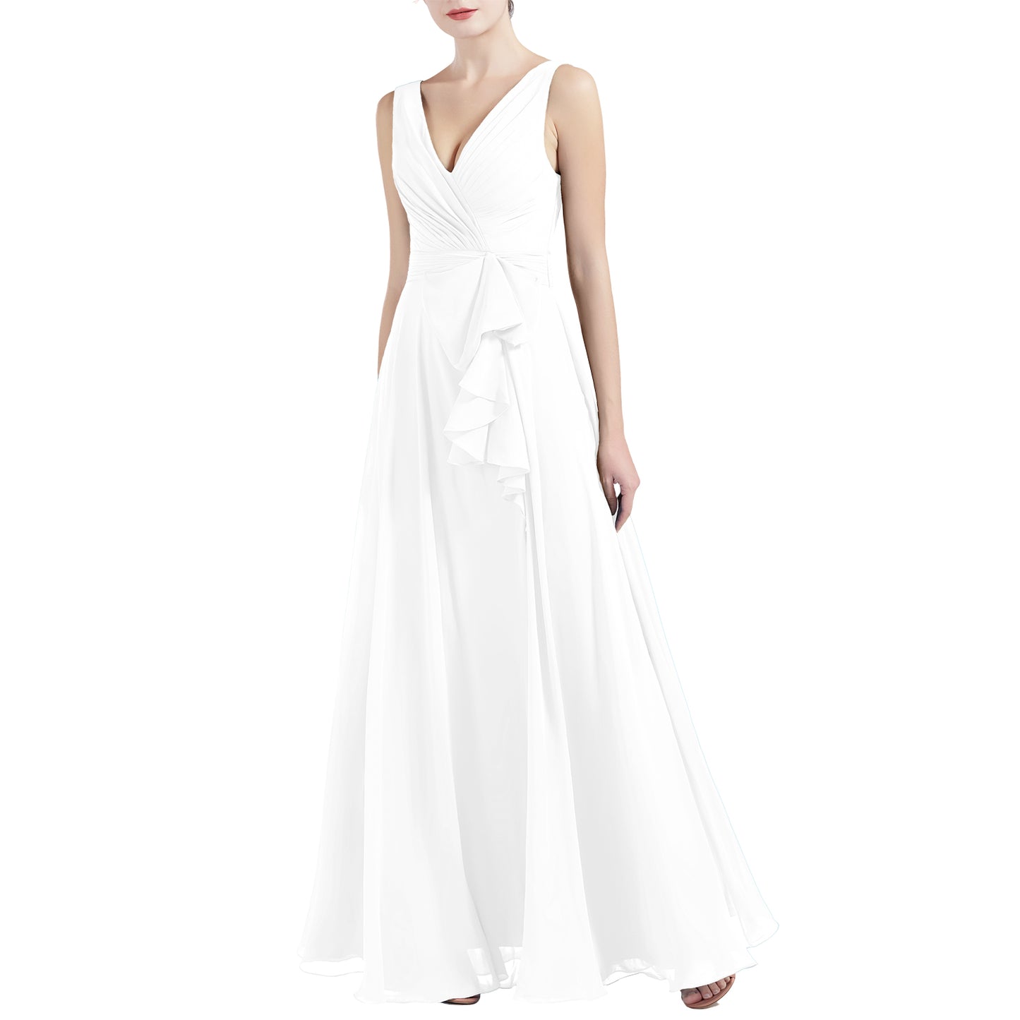 MACloth Women V Neck Long Pleated A Line Wedding Party Bridesmaid Dresses Slit