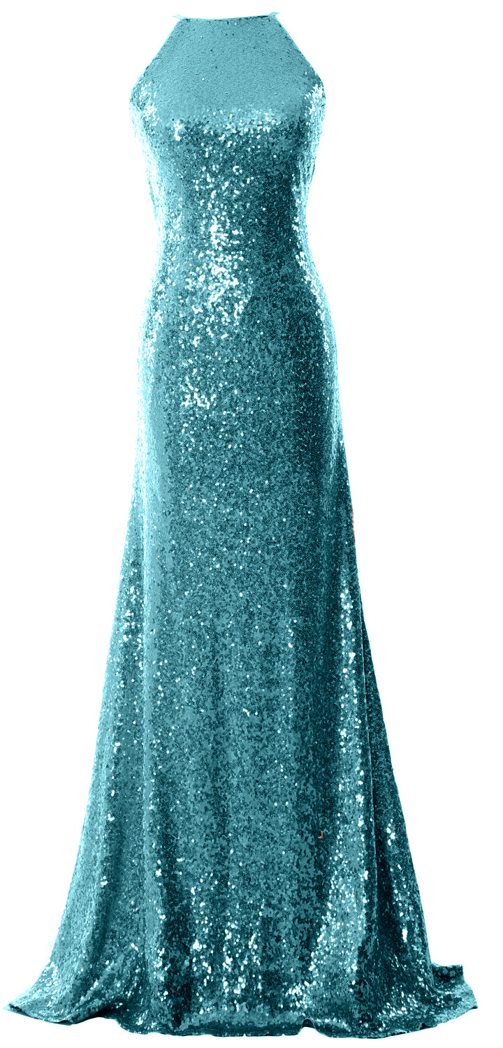 MACloth Women Bridesmaid Dress Sequin Long Halter Cowlback Prom Ball Gown