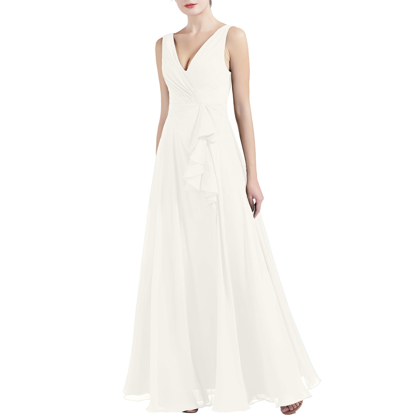 MACloth Women V Neck Long Pleated A Line Wedding Party Bridesmaid Dresses Slit