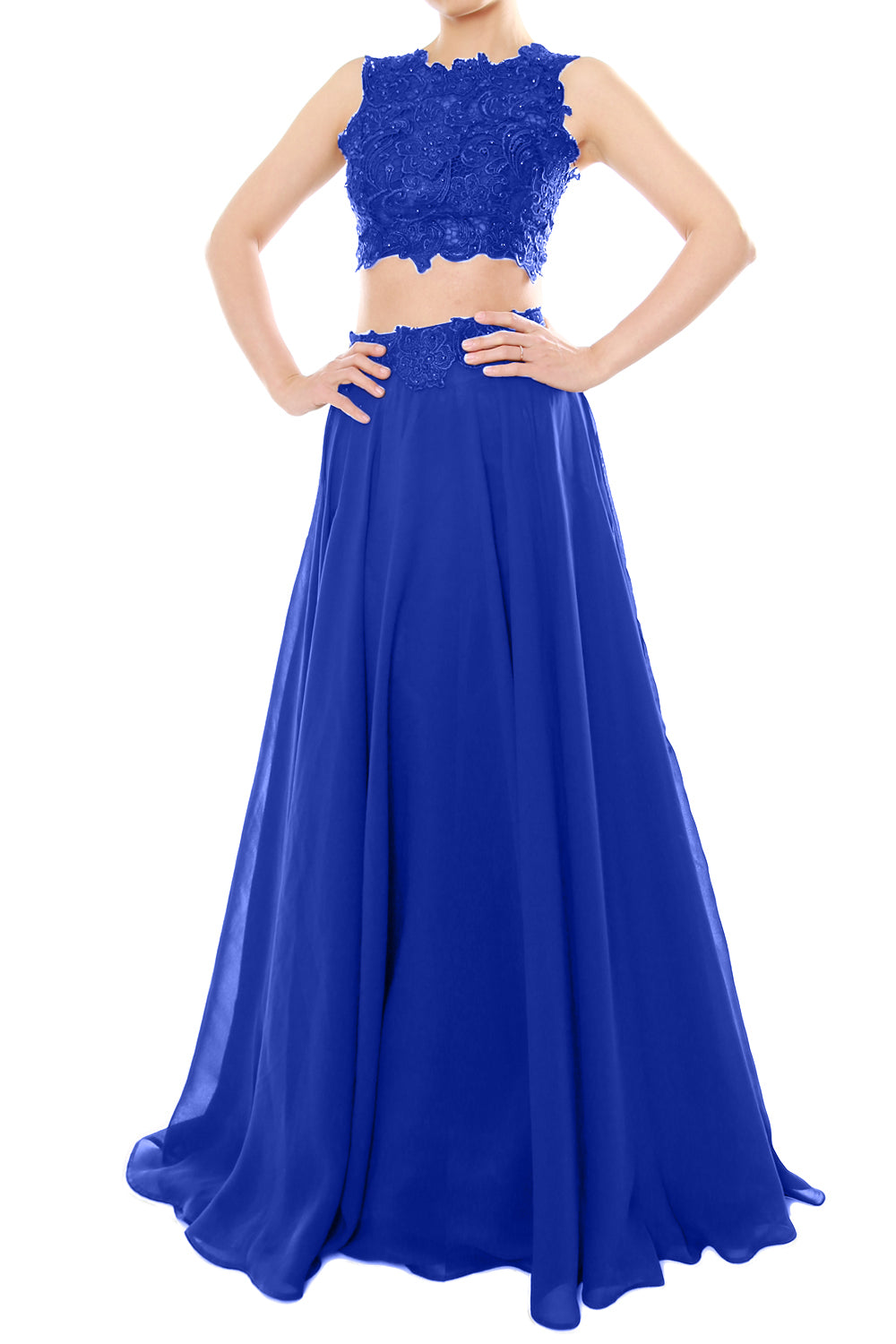 MACloth Vestido largo de gasa con encaje y cuello alto de dos piezas para mujer, vestido de fiesta formal para graduación