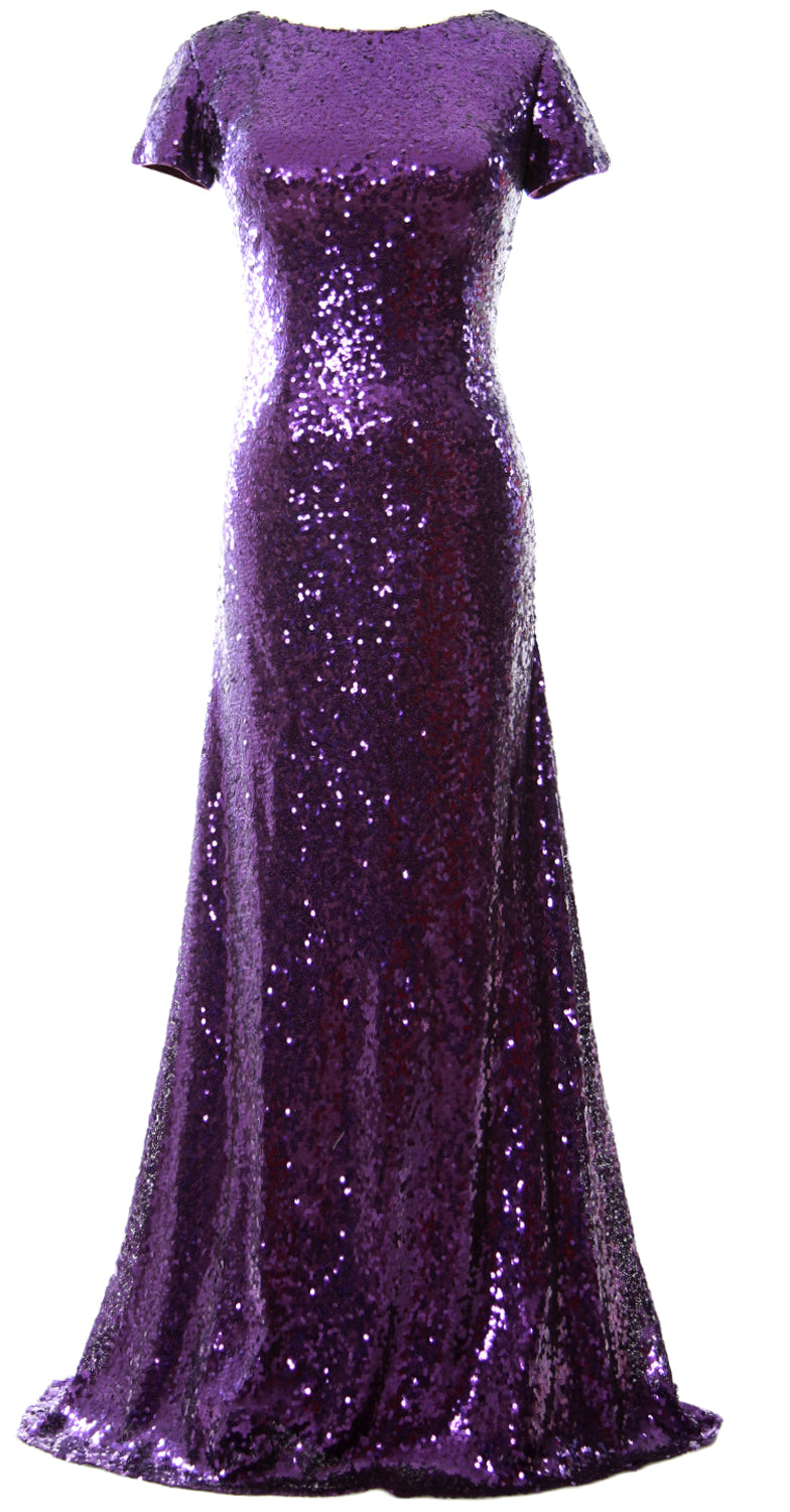 Vestido de dama de honor largo con lentejuelas y mangas cortas de sirena de MACloth, vestido de noche formal