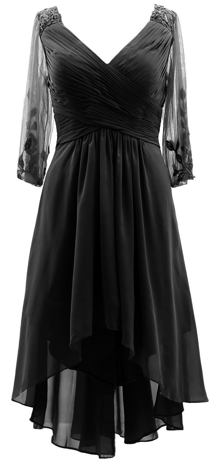 MACloth Damen Abendkleid mit V-Ausschnitt, High Low, für die Brautmutter, mit Ärmeln