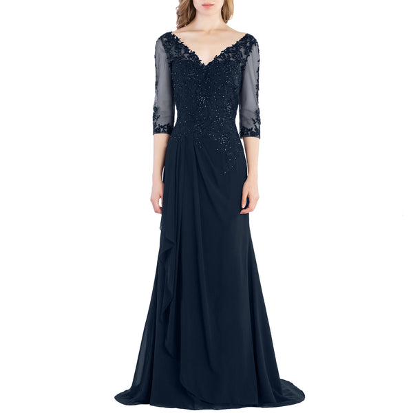 MACloth V Neck 3/4 Sleeve Lace Long Wedding Mother Bride Gown Bridesmaid Dresses