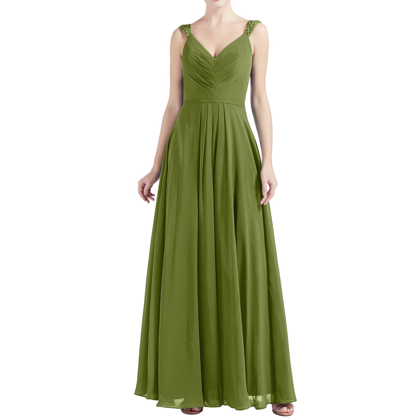 MACloth Women V Neck Lace Chiffon A Line Maxi Wedding Party Bridesmaid Dresses