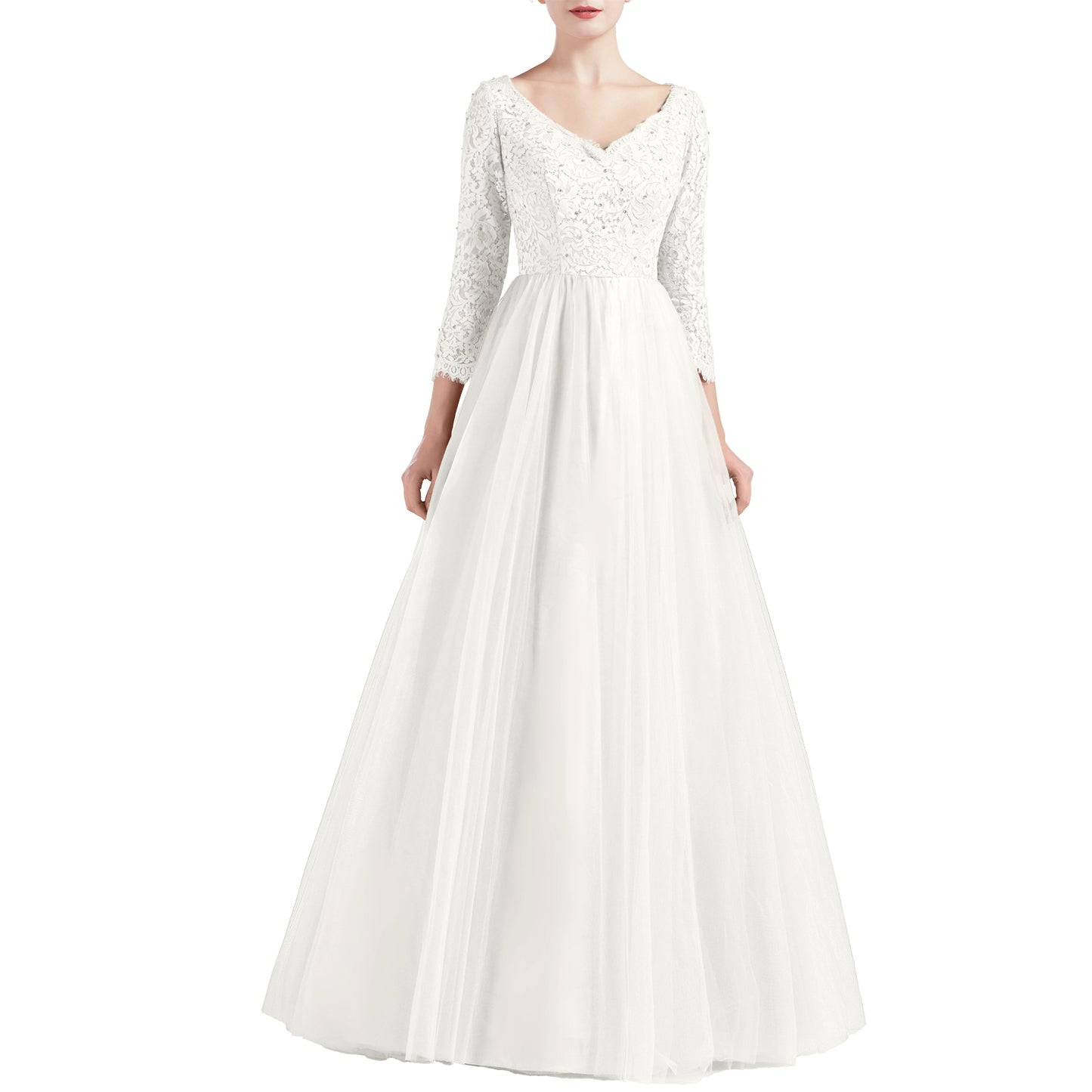 MACloth Women V Neck 3/4 Sleeve Long Tulle Prom Party Dresses Ball Gown Bridal