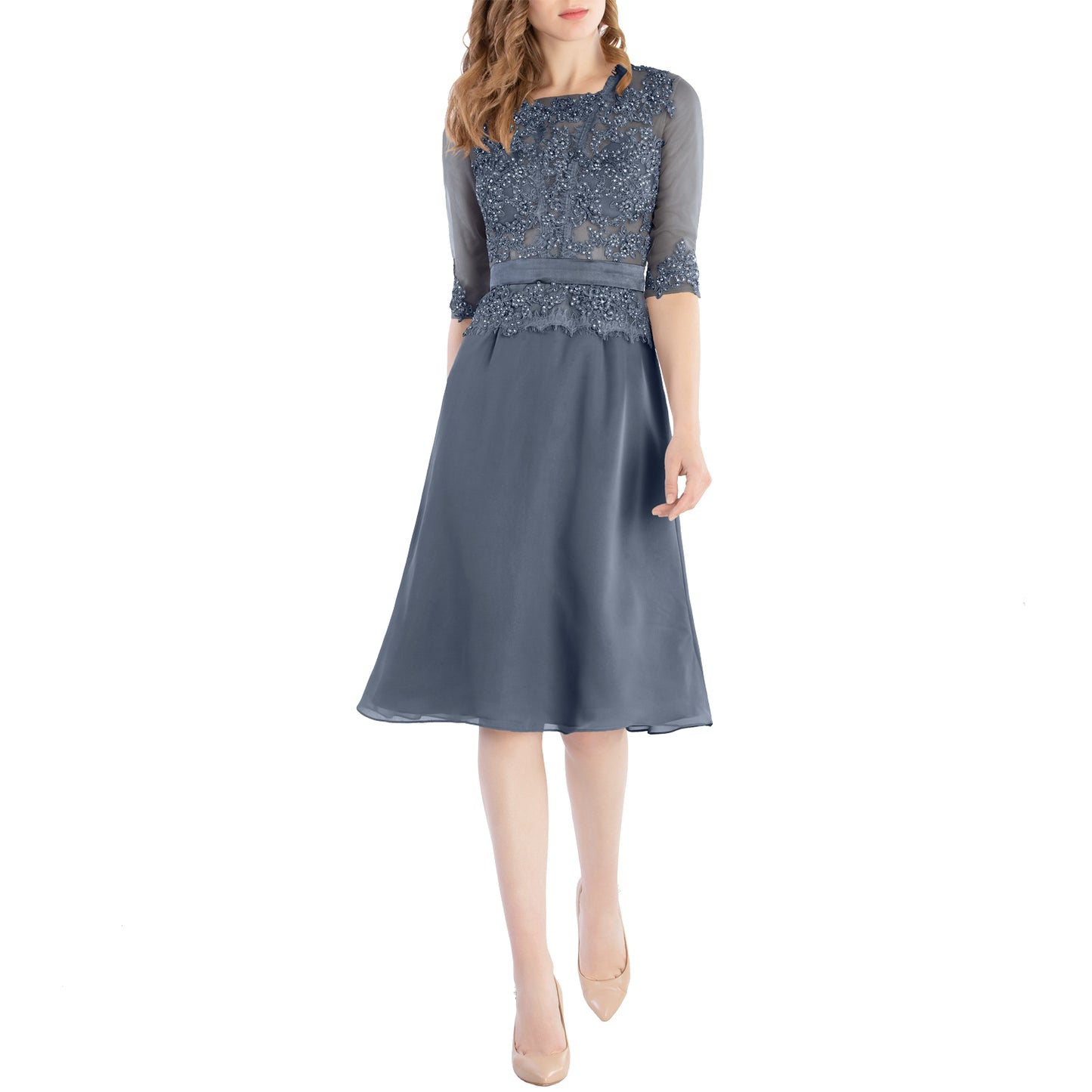 MACloth Damen-Kleid mit Rundhalsausschnitt, Perlenspitze, kurze Halbärmel, für die Brautmutter, Hochzeit, Brautparty