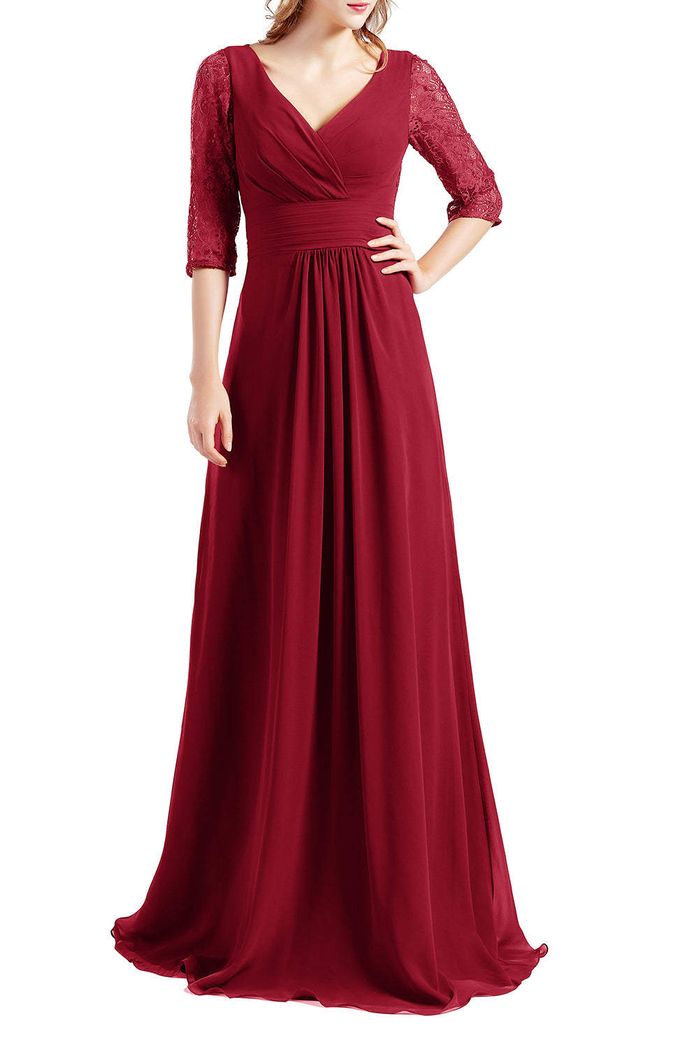 MACloth Damen-Kleid, Halbarm, V-Ausschnitt, Spitze, lang, für Hochzeit, Party, Brautjungfer, Mutter