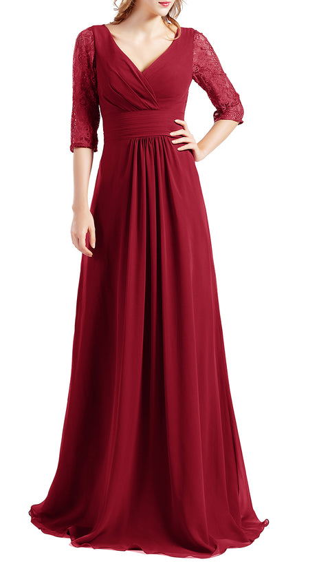 MACloth Women Half Sleeve V Neck Lace Long Wedding Party Bridesmaid Mother Dress