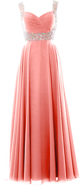 MACloth Women Straps Crystal Chiffon Long Prom Wedding Party Dress Evening Gown