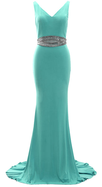 MACloth Women Straps V Neck Jersey Formal Evening Gown Beaded Long Prom Dress