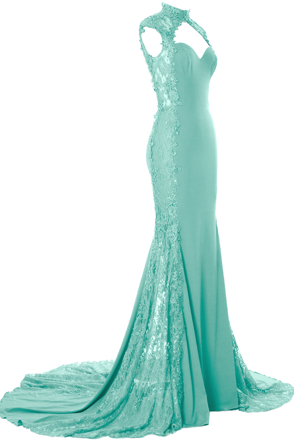 MACloth Women Prom Dresses Mermaid High Neck Sleeveless Lace Formal Evening Gown