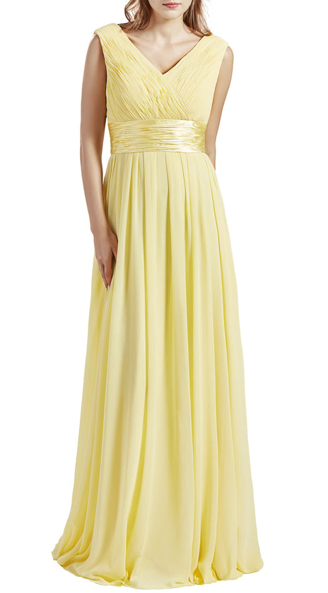 MACloth Women Long V Neck Rucked Chiffon Wedding Bridesmaid Dresses BD