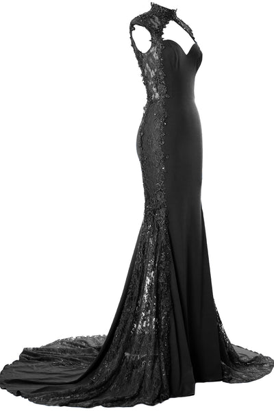 MACloth Women Prom Dresses Mermaid High Neck Sleeveless Lace Formal Evening Gown