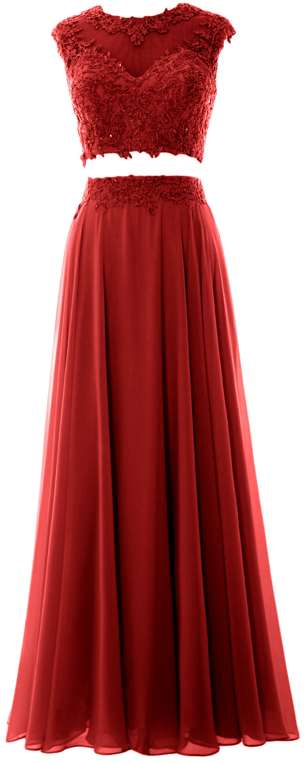 MACloth Vestido largo de fiesta de 2 piezas para mujer, de gasa con encaje, vestido formal de noche para fiesta