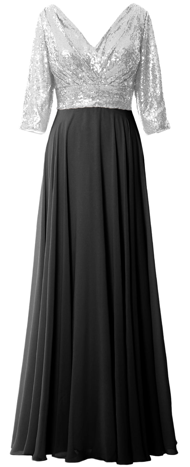 MACloth Damen Maxikleid mit langen Ärmeln und V-Ausschnitt und Pailletten