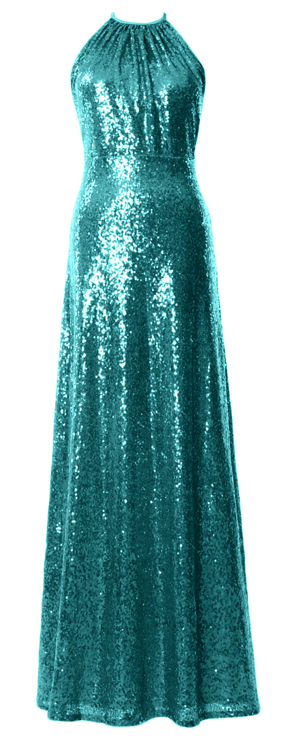 MACloth Damen Neckholder Pailletten Lange Brautjungfernkleider Hochzeit Party Abendkleid