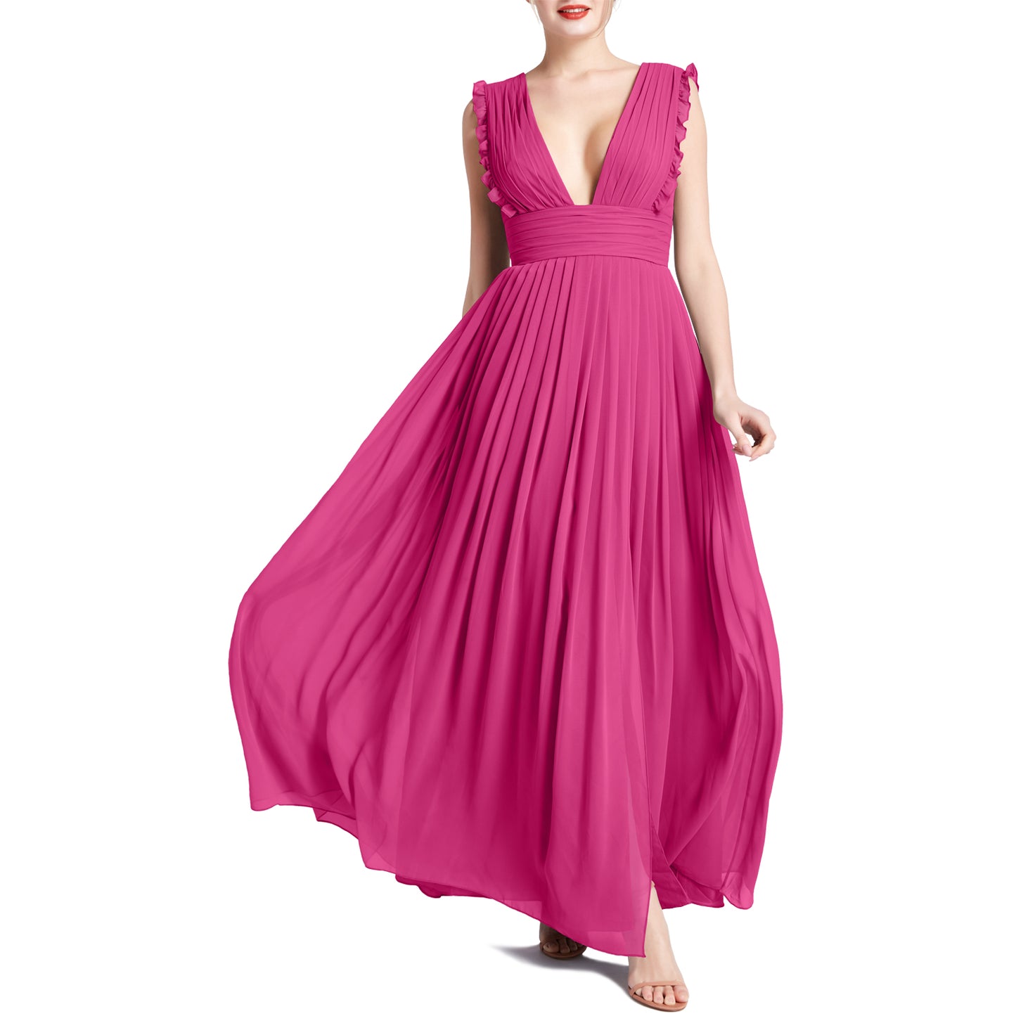 MACloth Women V Neck Ruffle Long Pleated Wedding Party Bridesmaid Dresses