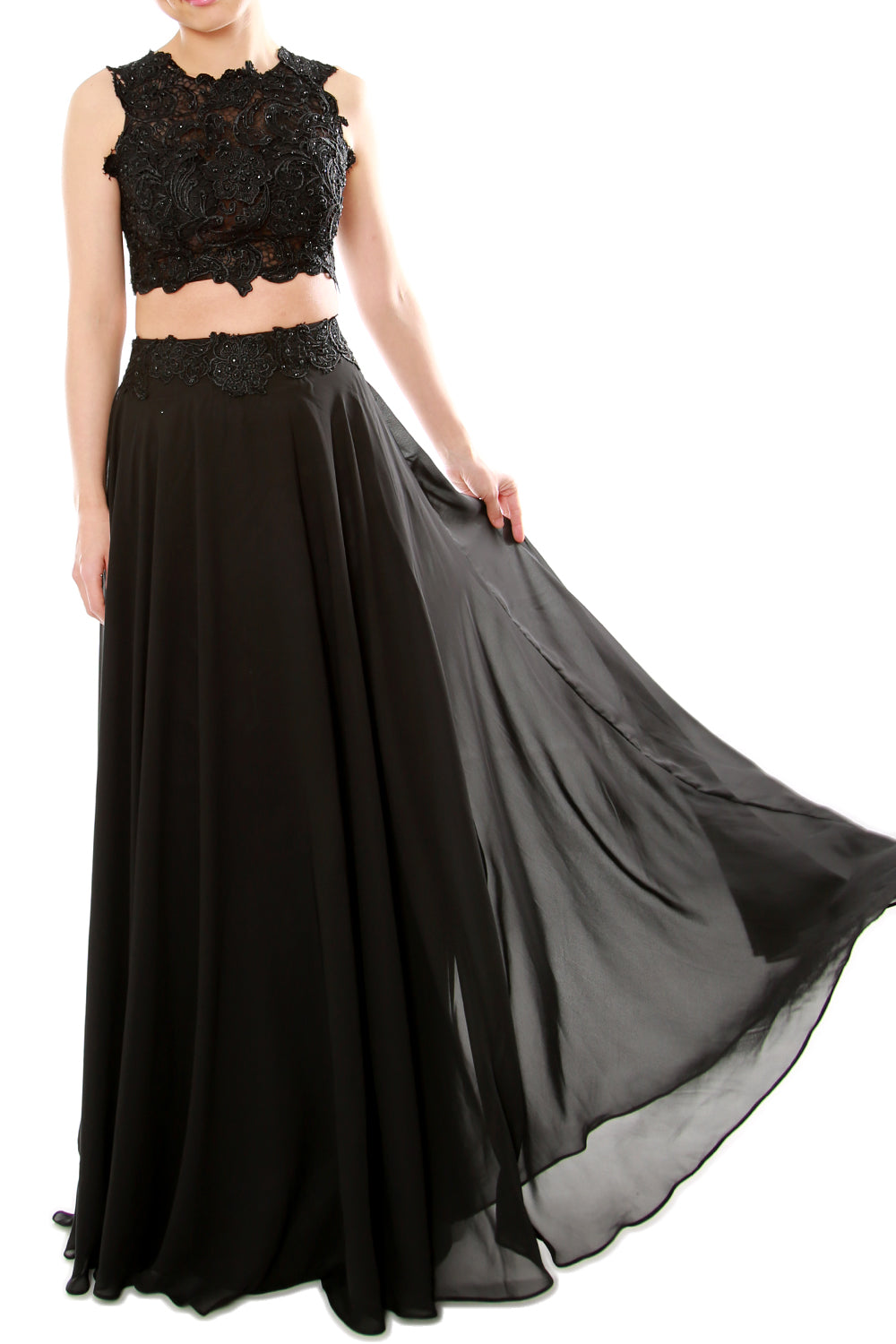 MACloth Vestido largo de gasa con encaje y cuello alto de dos piezas para mujer, vestido de fiesta formal para graduación