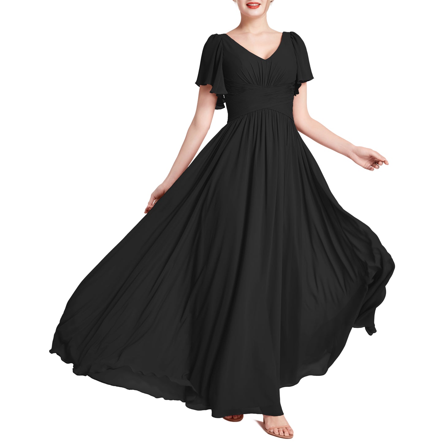 MACloth Vestidos de dama de honor románticos para fiesta de boda con cuello en V y manga corta para mujer