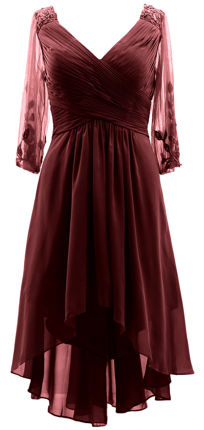 MACloth Damen Abendkleid mit V-Ausschnitt, High Low, für die Brautmutter, mit Ärmeln