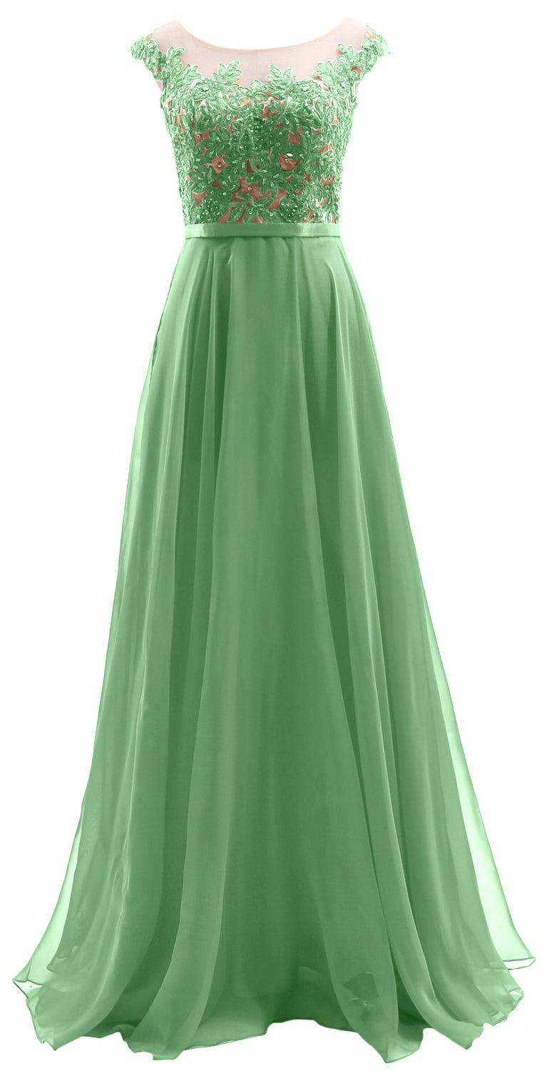 MACloth Cap Sleeves Illusion Long Prom Dress Lace Chiffon Wedding Party Dress