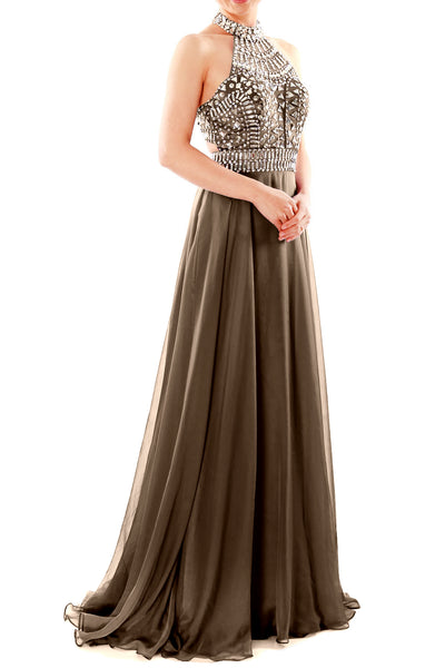 MACloth Women Halter High Neck Sleeveless Long Prom Party Dress Evening Gown