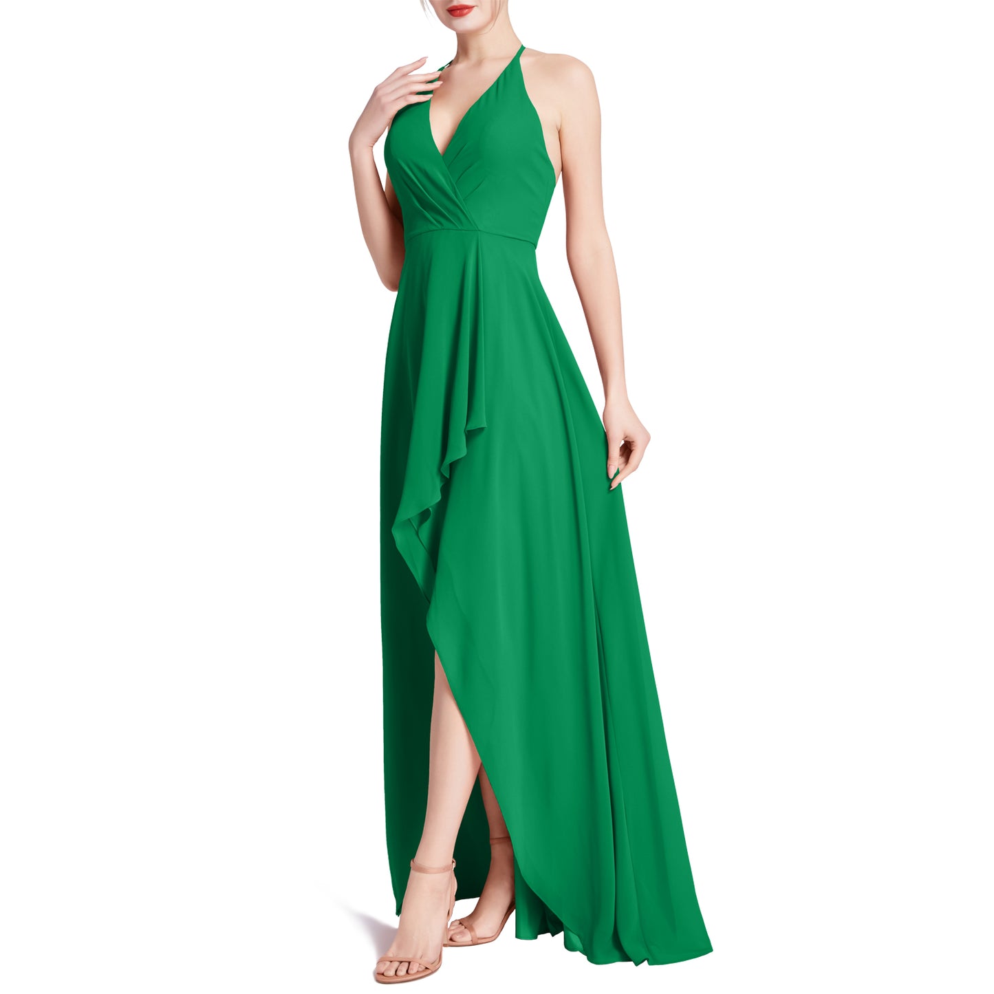 MACloth Women V Neck Halter Hi Lo Long Wedding Party Bridesmaid Dresses