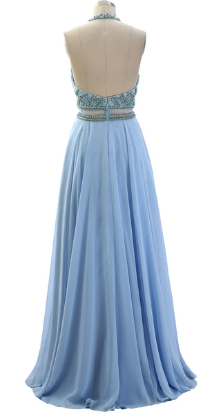MACloth Women Halter V Neck Beaded Formal Evening Gown Two Piece Long Prom Dress