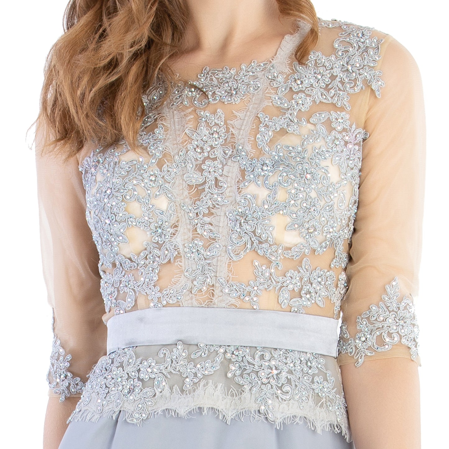 MACloth Damen-Kleid mit Rundhalsausschnitt, Perlenspitze, kurze Halbärmel, für die Brautmutter, Hochzeit, Brautparty