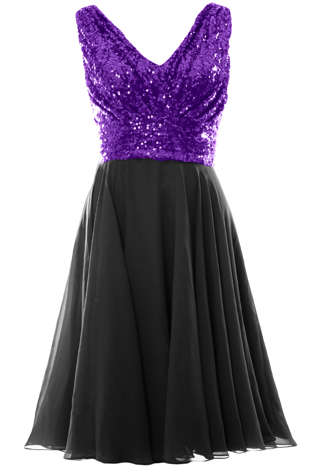 MACloth Women V Neck Sequin Short Wedding Bridesmaid Dresses Mother of Bride Lavender-Black / Above Knee / US6