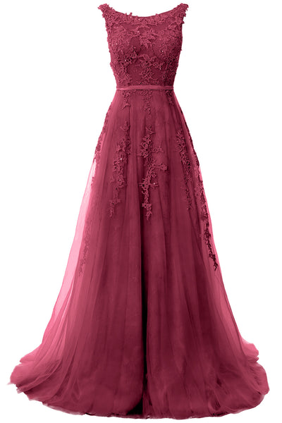 MACloth Lace Prom Dresses Boat Neck Sleeveless Lace Wedding Formal Evening Gown