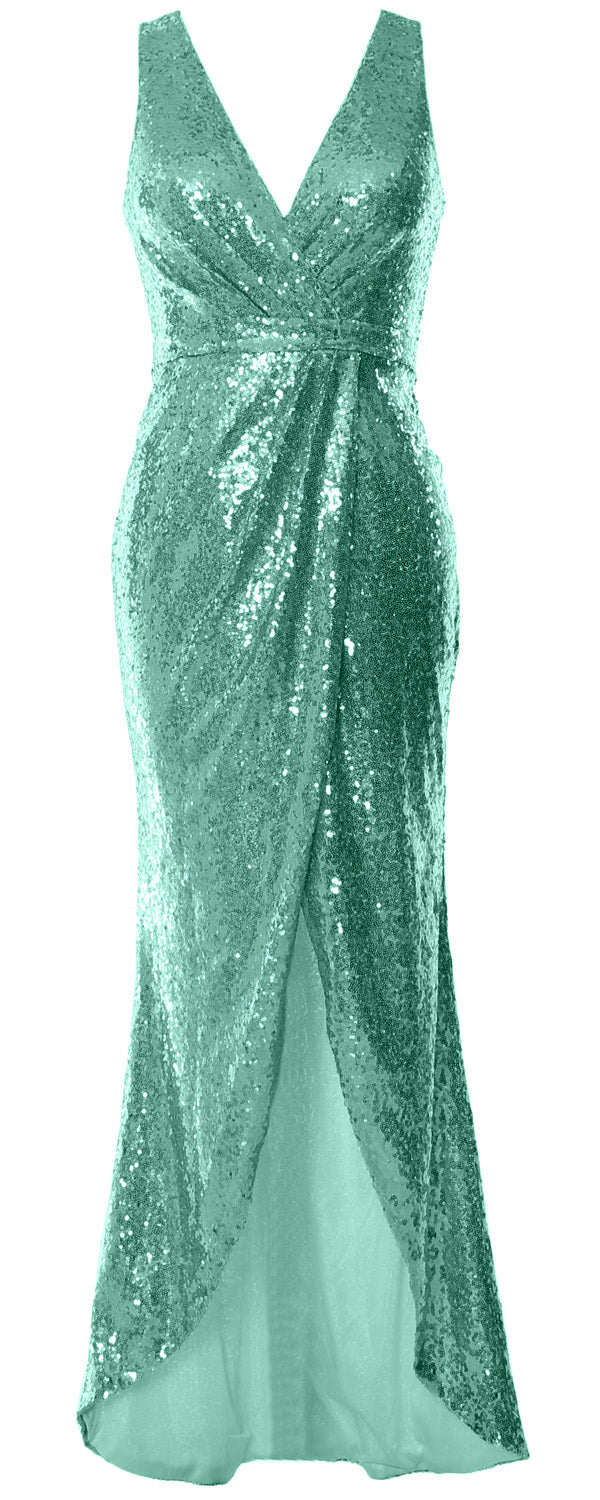 MACloth Women Sequin V Neck Wrap Long Bridesmaid Dresses Wedding Prom Gown