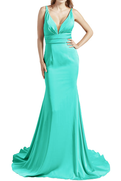 MACloth Women Long V Neck Crepe Mermaid Prom Party Dresses Evening Gown
