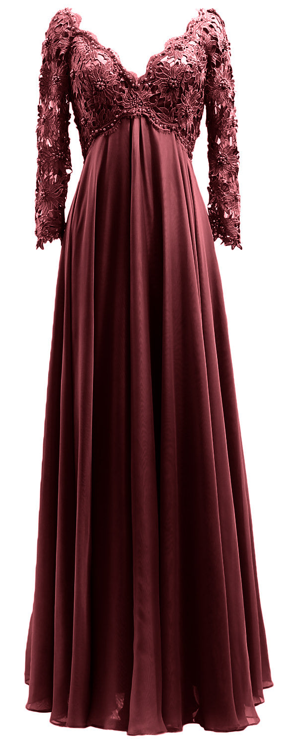 MACloth Damen Abendkleid für die Brautmutter, V-Ausschnitt, Spitze, lange Ärmel