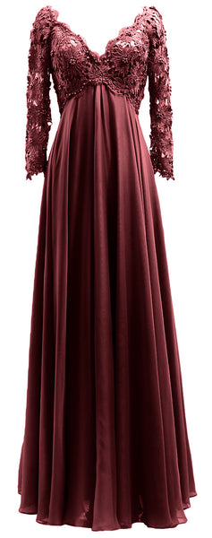 MACloth Women Mother of Bride Dresses V Neck Lace Long Sleeves Evening Gown
