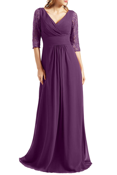 MACloth Women Long Mother of the Bride Dresses V Neck 3/4 Sleeves Evening Gown