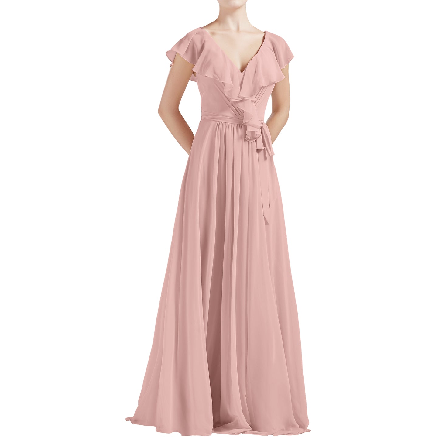 MACloth Women V Neck Ruffle Cap Sleeves Long Bridesmaid Dresses