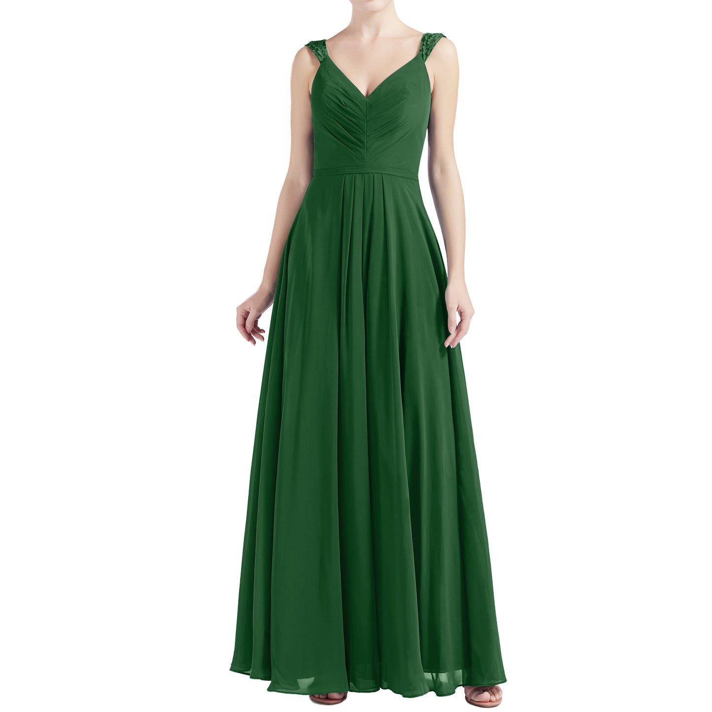 MACloth Women V Neck Lace Chiffon A Line Maxi Wedding Party Bridesmaid Dresses