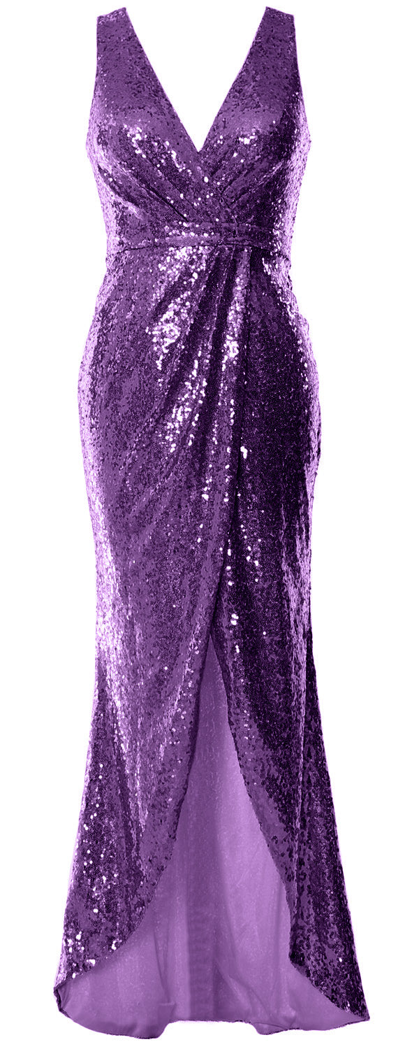 MACloth Women Sequin V Neck Wrap Long Bridesmaid Dresses Wedding Prom Gown