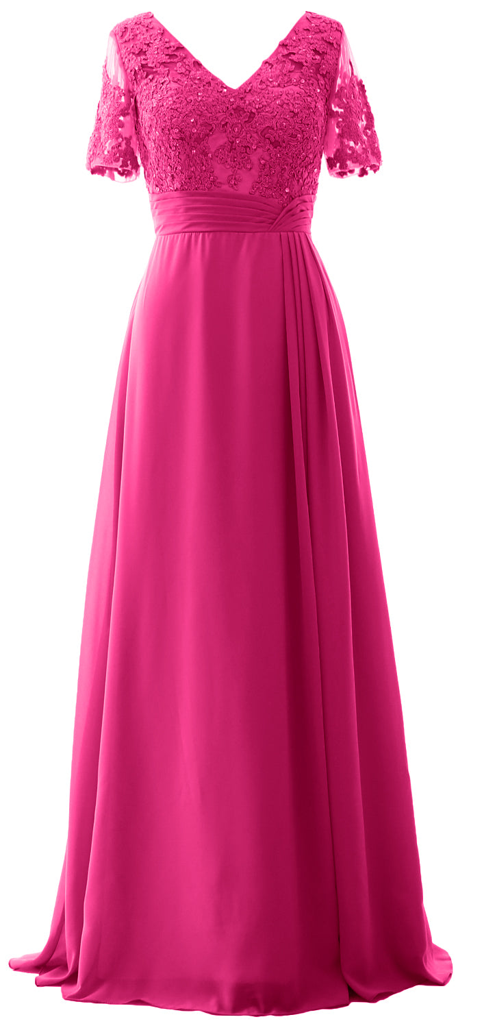 MACloth Women V Neck Long Mother of Bride Dresss Lace Evening Gown Short Sleeves
