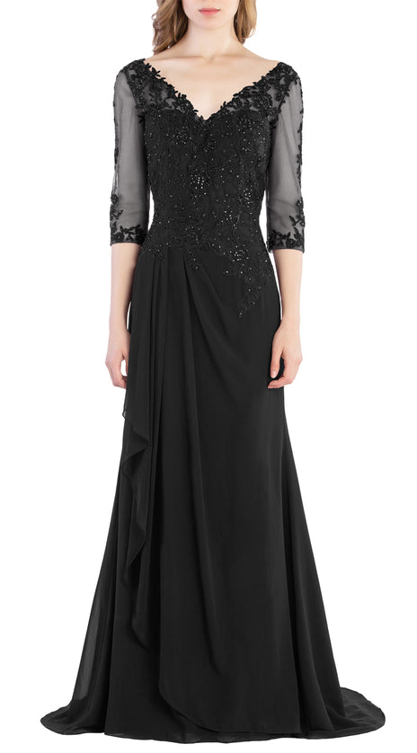MACloth V Neck 3/4 Sleeve Lace Long Wedding Mother Bride Gown Bridesmaid Dresses