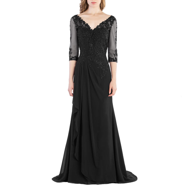 MACloth V Neck 3/4 Sleeve Lace Long Wedding Mother Bride Gown Bridesmaid Dresses